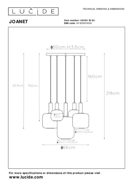 Lucide JOANET - Pendant light - Ø 66 cm - 5xE27 - Smoke Grey - technical